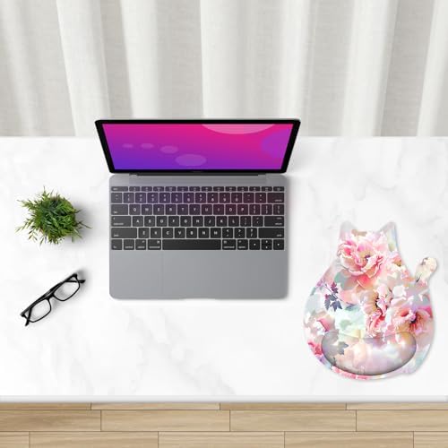Ergonomic Mouse Pad with Wrist Rest, Cute Cat Memory Foam Padded Pain Relief Non-Slip Wrist Support Mouse Mat for Gaming Work Computer Laptop, Funny Office Supplies Desk Accessory, Pink Flower