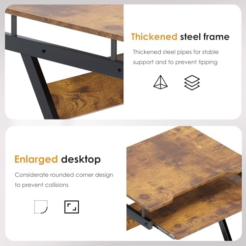 soges Movable Desk for Computer, Small Double-Layer Workstation, Computer Desk Cart, with Universal Lockable Wheels and Keyboard Tray, Vintage Brown