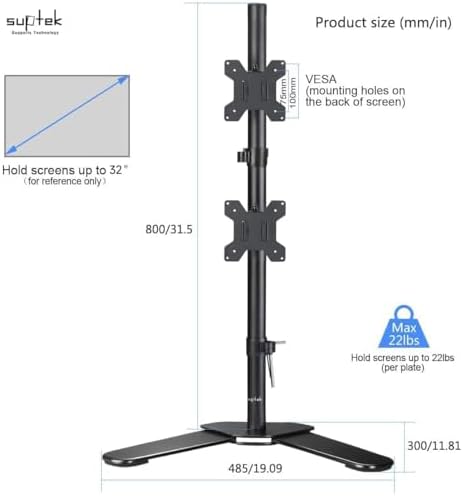 Suptek Dual LED LCD Monitor Stand up Free-Standing Desk Mount for 2 / Two Screens up to 32 inch Extra Tall 31.5 inch Pole Heavy Duty Fully Adjustable Stand Vertical Array (ML6802)