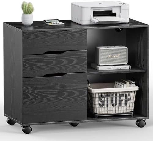 DUMOS 3 Drawer Rolling File Cabinet, Wood Printer Stand with Storage