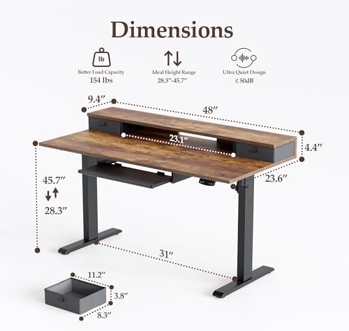 Klicelor 48 x 24 Inch Electric Standing Desk with Drawers and Keyboardtray, Adjustable Height Small Sit Stand Desk for Home Office, Compact Computer Workstation with Storage- Rustic Brown