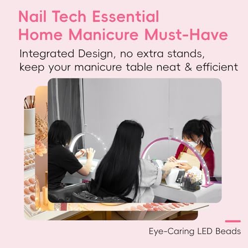 Large 29-inch Half Moon Light for Nail Desk,48W Lamp for Nail Desk with Hand Pillow and Phone Holder, Nail Desk lamp Pink for lash Eyelash Extension,Color Temperature 3000K-6000K (White)
