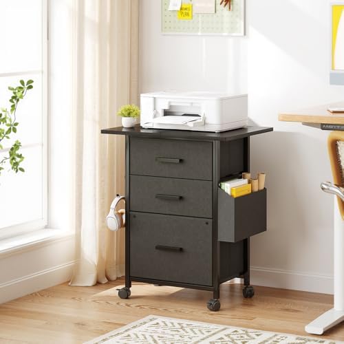 3-Drawer Mobile File Cabinet with 22" Wide Printer Stand, Fabric Under Desk Filing Cabinet with Side Bag & Headphone Hook, Fits Letter/A4 Size Hanging File Folders, Rolling Home Office Organizer,Black