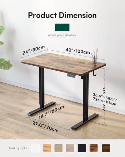 CubiCubi 40 x 24 One-Piece Electric Adjustable Standing Desk, Rustic Brown