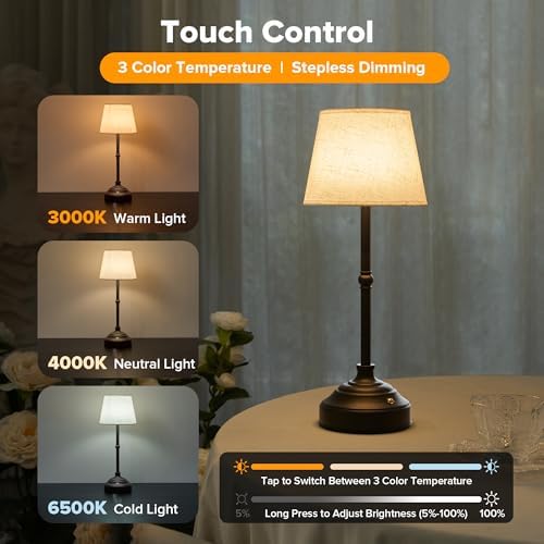 Cordless Table Lamp, Rechargeable Desk Lamp with Fabric Shade, Battery Operated Lamp 3 Color Stepless Dimming, Portable Small Touch Bedside Lamp Home Decor for Dining, Counter (Matte Black)