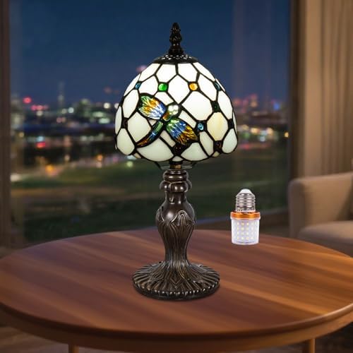 Small Tiffany Table Lamp, 3 Color-Temperature Dragonfly Stained Glass Lamp,6 Inch Tiffany Style Lamp for Bedroom Living Room Home, Handcrafted Light, Included Bulb (Warm White)