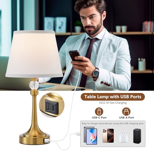 Touch Gold Table Lamp Set of 2 with USB C+A Ports, Desk Lamp-19.7''