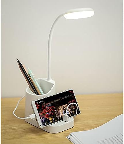 LED Desk Lamp, Home Office Eye-Caring Desk Light, with Pen Holder/Phone Holder/USB Charging Port Table Lamps, 3 Lighting Modes, Touch Control, Blue Light Filter, Reading Lamp, 1200mAh White