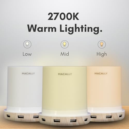 Macally Small Touch Lamps for Nightstand - Bedside Lamp with USB Port - 3 Way Dimmable Short Table Lamp for Small Spaces - Use as Night Light and Charger in Bedroom (Pack of 2)