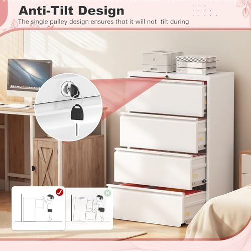 Superday Lateral File Cabinet 4 Drawer Metal File Cabinet with Lock, White Filing Cabinets for Home Office, Locking Filing Cabinets Hanging Files Letter/Legal/F4/A4