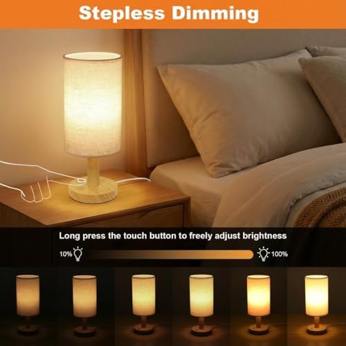 Touch Bedside Table Lamps Set of 2 with Stepless Dimming, USB Powered