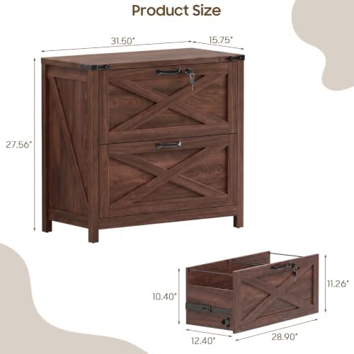 Halitaa Farmhouse Lateral File Cabinet with 2 Drawers, Walnut