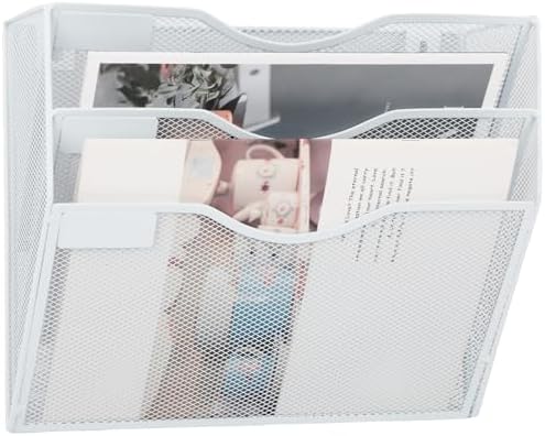 EASEPRES 3 Pocket Mesh Hanging Wall File Organizer, Wall Mounted Mail Paper Document Folder Holder, Clipboard Storage Organization Magazine Rack with Nametag Label for Office Home School, White