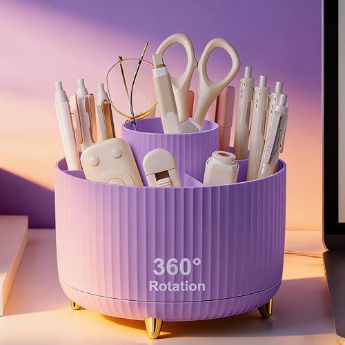 Pencil Pen Holder 5 Slots 360°Degree Rotating Pen Organizers for Desk Desktop Storage Stationery Supplies Cute Pencil Cup Pot Kids Desk Organizer for Office Home School（Purple 2）