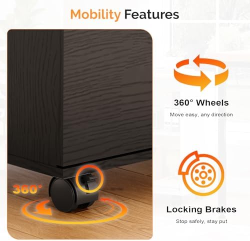 VINGLI 3 Drawer Wood Lateral File Cabinet with Adjustable Shelves & Locking Wheels, Printer Stand with Drawers for Letter Size Files, Sturdy Black File Cabinets for Home Office, Study & Business
