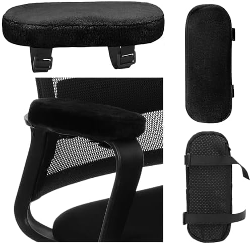 Threlaco 2 Pcs Office Chair Armrest Pads Soft Foam Office Chair Arm Covers Fluffy Flannel Gaming Armchair Armrest Cushion for Elbows and Forearms Support Pressure Relief(Black)