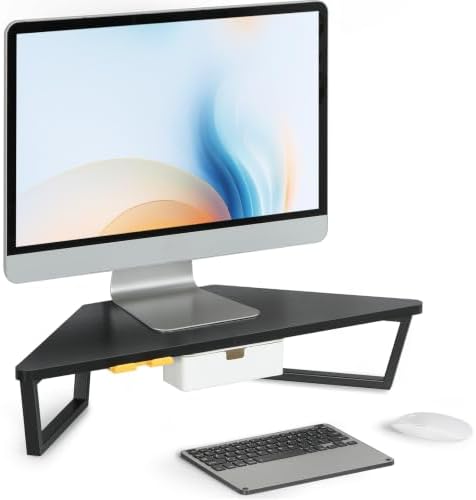 TEAMIX Corner Monitor Stand with Drawer and Phone Holder, 26x12.6x5.3in