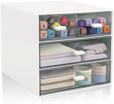 Desk Organizer with Drawer, Office Organizer with 4 Drawers, Desk Storage Box for, Desktop, Dressing table, Office, School, Home, Plastic Box and 4 Acrylic Drawers(White)