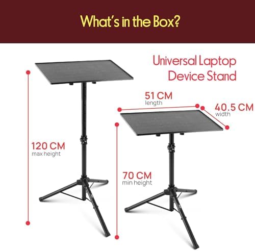 PYLE Laptop & Projector Stand, Tripod Stand With Adjustable Height 28"-50", Portable DJ Equipment Mount, Angle Adjustable Tray, Lightweight Metal Construction, Stage, Studio, Musicians & Performers