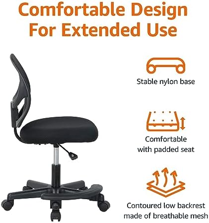 Amazon Basics Kids Adjustable Height Mesh Low-Back Swivel Desk Chair with Footrest, Rolling Chair with Casters for Smooth Mobility, Black