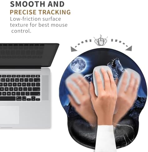 Ergonomic Mouse Pad with Wrist Support Wolf Mousepad Wrist Rest for Pad Gel Carpal Tunnel Relieves Pain Blue Mouse Mat with A Coaster for Computer Girl Work