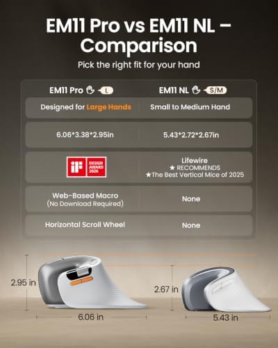 ProtoArc EM11 Pro Ergonomic Mouse for Large Hands, Side Scroll, White