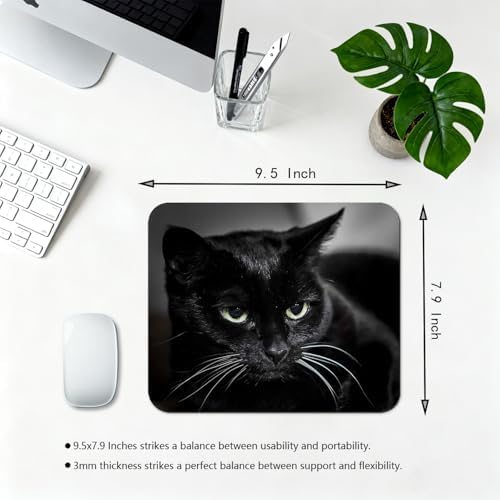 9.5x7.9 Inch Office/Gaming Mouse Pad, Mysterious Black Cat with Bright Eyes, Cute Anti-Slip Mat for Desk Decor