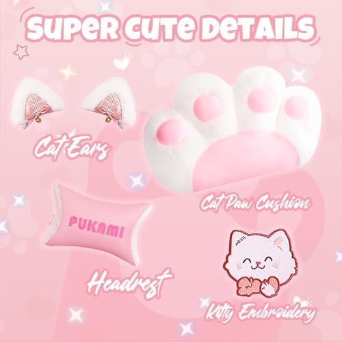 Pink Gaming Chair with Cat Ears & Footrest, Ergonomic Gaming Computer Desk Chair with Cat Paw Lumbar Support & Linked Armrests - Cute PU Leather Game Chair for Girls Adults