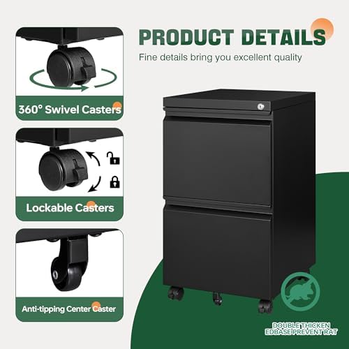 Letaya Mobile File Cabinet with Lock,2 Drawer Under Desk Metal Rolling Filing Cabinets for Home Office Organizer Letters/Legal/A4(Fully Assembled-Black)