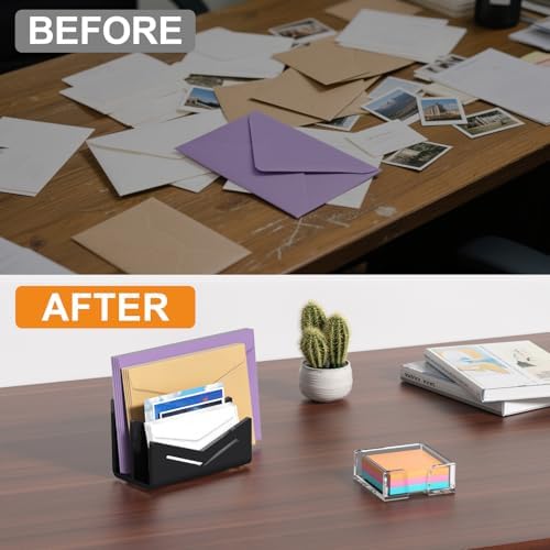 Beego Envelope and Mail Organizer Countertop - 2 Compartments Black Acrylic Desk Organizer Letter Holder Desktop File Sorter Bill Document Folder Rack for Office, Home, School Desk Organization