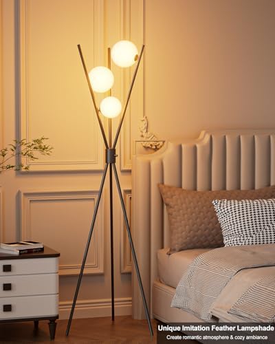 3 Globe Dimmable Tripod Floor Lamp, Mid Century Standing Lamps with 3Pcs 3000K Bulbs Included, Modern Tall Lamp for Living Room Bedroom Office-Black