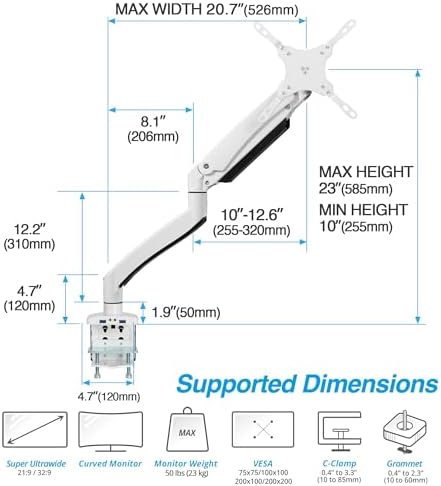 AVLT Single Monitor Arm Desk Mount for 17-49" Screens, Heavy Duty - White