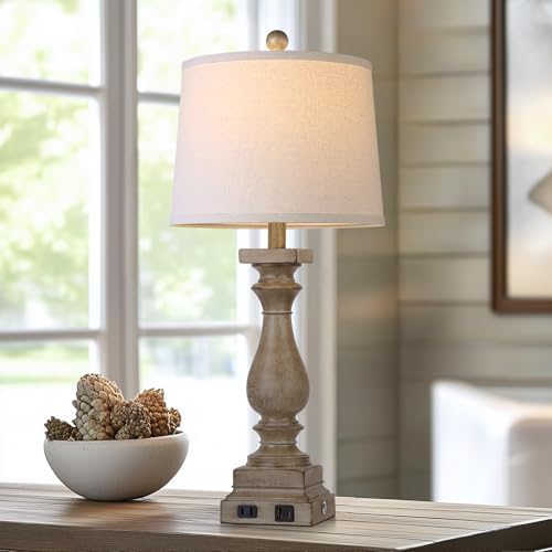 28" Tall Farmhouse Table Lamps Set of 2 with USB C+A Ports and AC Outlet, 3 Way Touch Control Rustic Bedside Lamp for Bedroom, Brown Vintage Nightstand Lamp for Living Room Office