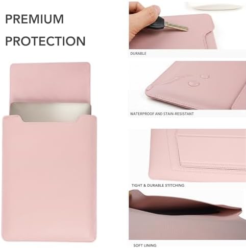 4-in-1 Laptop Sleeve with Stand and Mouse Pad, Faux Leather Protective Case with Accessory Pouch for 13.3-14 Inch Laptops, Pink