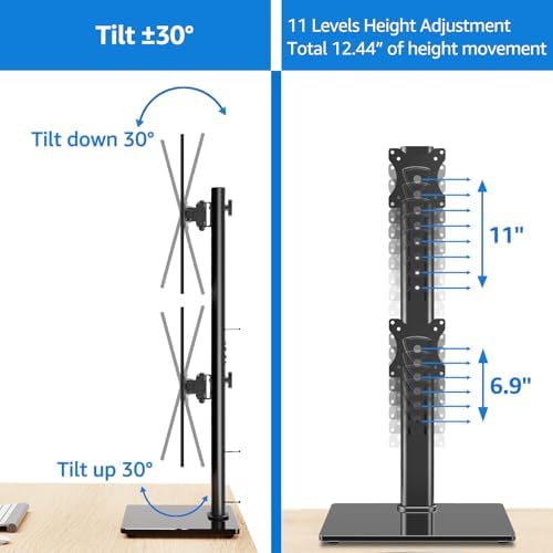 MOUNTUP Vertical Dual Monitor Stand, Stack Two Screens up to 32 inches,33 Lbs, Free-Standing Monitor Desk Mount, Monitor Riser with Swivel, Tilt, Height Adjustable, VESA Stand 100 x 100mm, 75 x 75mm