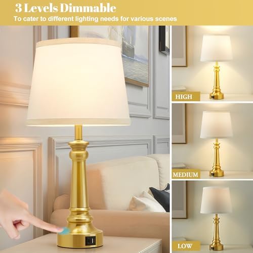 EJIAXIN Touch Lamps for Nightstand Set of 2 - Gold Table Lamp for Bedroom Dimmable Bedside Lamps with USB C+A Ports - Lamps for Night Stands Living Room End Table,2 LED Bulbs Included