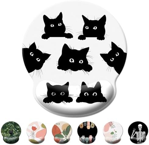 Funny Cat Mouse Pad Wrist Support,Ergonomic Mouse Pad with Wrist Rest,Comfortable Mousepad with Smooth Wrist Rest,Pain Relief Mouse Pads for Non-Slip Base,Computer,Laptop,Office & Home(Six Black Cats)