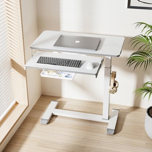 ETHU Height Adjustable Mobile Overbed Table with Keyboard Tray, Marble