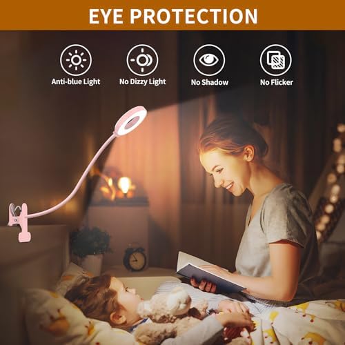 iZELL LED Desk Lamp with Clamp, Reading Light with 3 Color Modes & 10 Brightness Levels, Flexible Arm Book Light for Kids Reading in Bed at Night, Clip on Table, Computer, Zoom Meetings - 27.6'' Pink