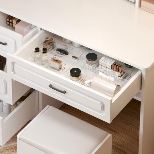 4 Pcs Expandable Drawer Organizer, Adjustable Desk Drawer Organizer with Dividers, 4-Sizes Plastic Storage Bins for Makeup, Kitchen, Bathroom Vanity, Office & Gadgets Drawer
