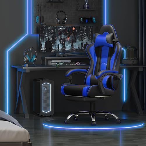 Yaheetech Gaming Chair with Footrest Massage Lumbar Pillow Black and Blue