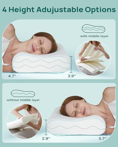 Releep Cervical Neck Pillow, Side Sleeper Pillow for Neck Pain Relief, Adjustable Contour Pillow for Sleeping, Ergonomic Memory Foam Pillow, Orthopedic Cooling Pillow Back Stomach Sleeping, Queen Size