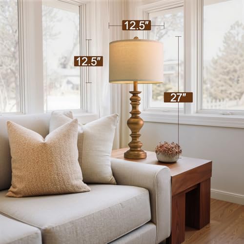 BOBOMOMO 27" Antique Gold Table Lamps Set of 2, Elegant Large Resin Lamps with Linen Shades, Gold Traditional Lamps for Bedroom, Living Room, or Console Table, Classic Vintage Décor