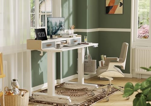 Claiks Standing Desk with Drawers & Wheels, 2 Height Shelf 40" White
