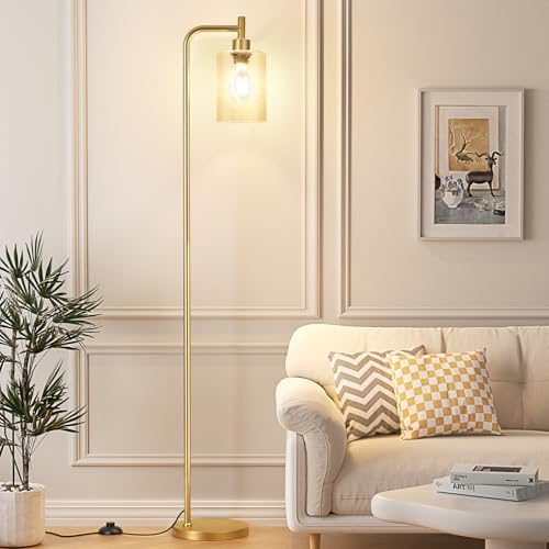 Ziisee Floor Lamps for Living Room - Standing Lamp with Seeded Glass Shade, Modern Gold Floor Lamp with LED Bulbs, Bright Industrial Floor Lamp for Bedroom, Tall Lamp for Office - Gold