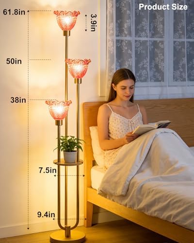Lightdot Red Flower Glass Floor Lamp with Table Gold Floor Lamp 3-Light