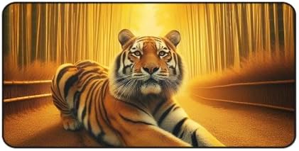Tiger Stretching in a Golden Bamboo Grove - Premium Vibrant Colors Desk Mat