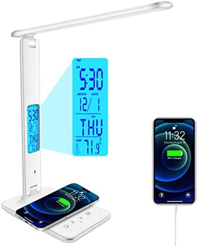 snsok Desk Lamp with Wireless Charger, USB Charging Port, Dimmable Office Desk Light with Clock, Alarm, Date, Temperature, Foldable Lamp for Table Bedroom Bedside Office (White)