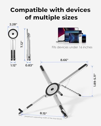 Viozon Portable Laptop Stand for Desk, Foldable Adjustable Computer Riser with Magnetic Phone Holder, Aluminum Laptop Stand for 10–16” Laptops & 4–13” Phones/Tablets (Silver)