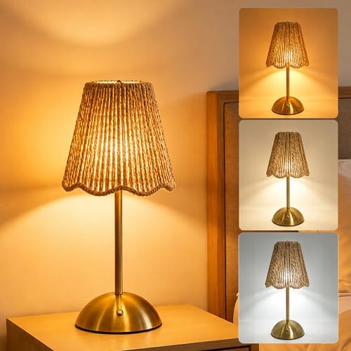 Boho Rattan Table Lamp,Small Wicker Lamp,Rechargeable Led Desk Lamp